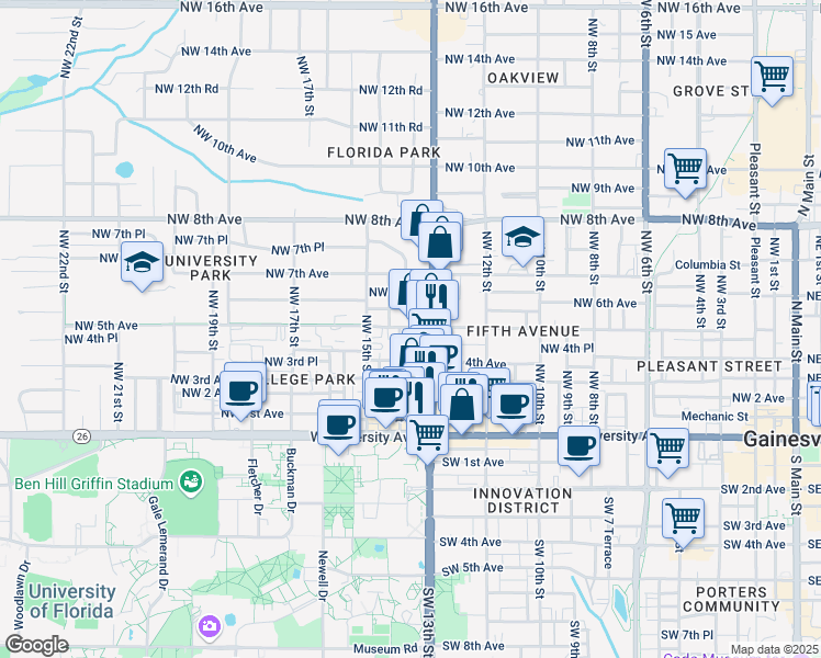 map of restaurants, bars, coffee shops, grocery stores, and more near 402 Northwest 13th Terrace in Gainesville