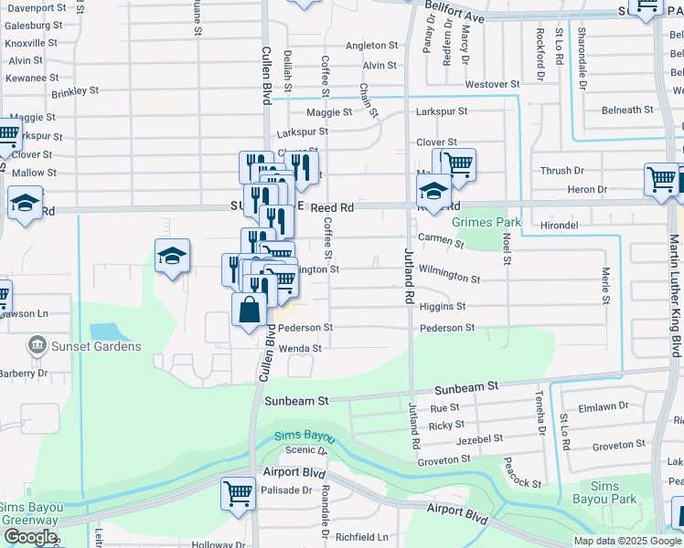 map of restaurants, bars, coffee shops, grocery stores, and more near 4806 Paula Street in Houston