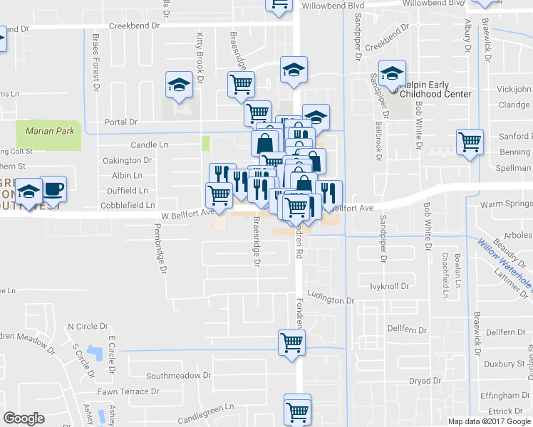 map of restaurants, bars, coffee shops, grocery stores, and more near 11354 Braesridge Drive in Houston