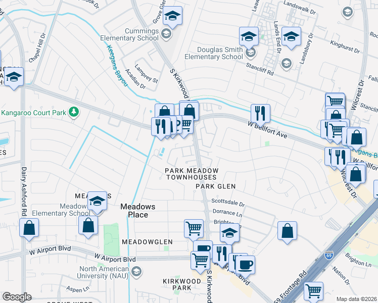 map of restaurants, bars, coffee shops, grocery stores, and more near 11628 South Kirkwood Road in Stafford