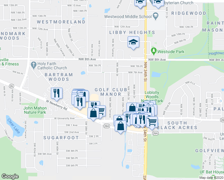 map of restaurants, bars, coffee shops, grocery stores, and more near 517 Northwest 36th Terrace in Gainesville
