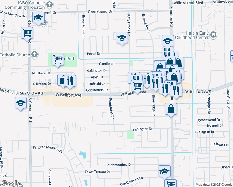 map of restaurants, bars, coffee shops, grocery stores, and more near 7850 West Bellfort Avenue in Houston