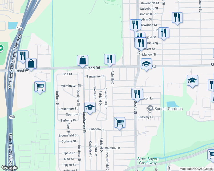map of restaurants, bars, coffee shops, grocery stores, and more near 9402 Chesterfield Drive in Houston