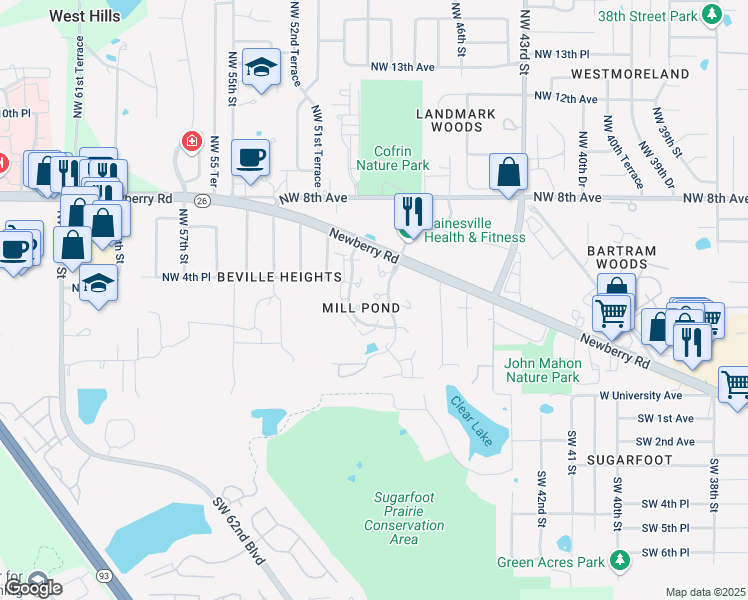 map of restaurants, bars, coffee shops, grocery stores, and more near 402 Northwest 48th Boulevard in Gainesville