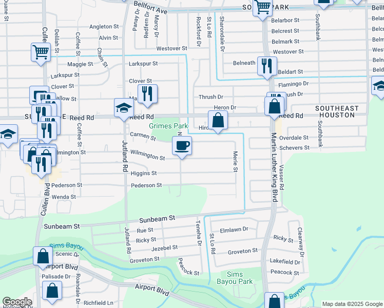 map of restaurants, bars, coffee shops, grocery stores, and more near 5222 Carmen Street in Houston