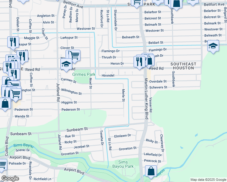 map of restaurants, bars, coffee shops, grocery stores, and more near 5310 Carmen Street in Houston