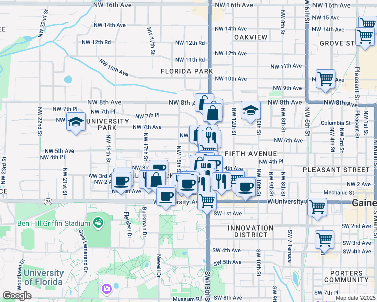 map of restaurants, bars, coffee shops, grocery stores, and more near 1408 Northwest 6th Avenue in Gainesville