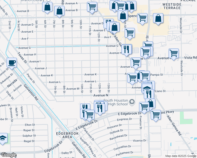 map of restaurants, bars, coffee shops, grocery stores, and more near 1205 Avenue K in South Houston