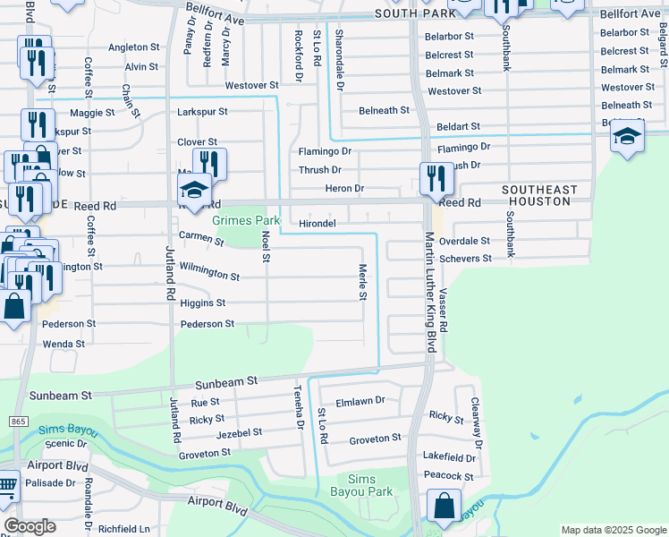 map of restaurants, bars, coffee shops, grocery stores, and more near 5310 Carmen Street in Houston