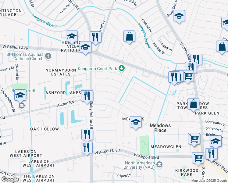 map of restaurants, bars, coffee shops, grocery stores, and more near 12226 Meadowdale Drive in Stafford