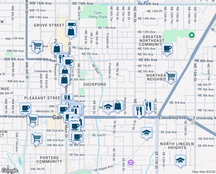 map of restaurants, bars, coffee shops, grocery stores, and more near 548 Northeast 5th Avenue in Gainesville