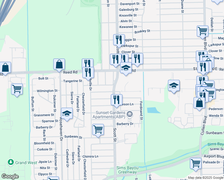 map of restaurants, bars, coffee shops, grocery stores, and more near 9234 Culver Street in Houston