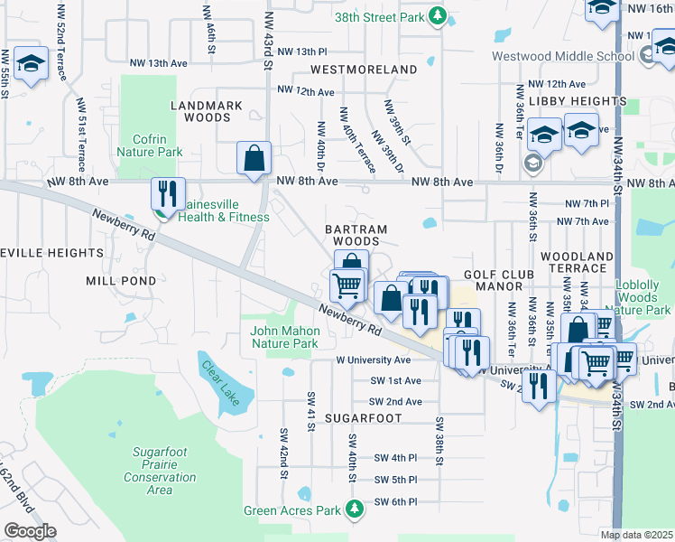 map of restaurants, bars, coffee shops, grocery stores, and more near 528 Northwest 39th Road in Gainesville