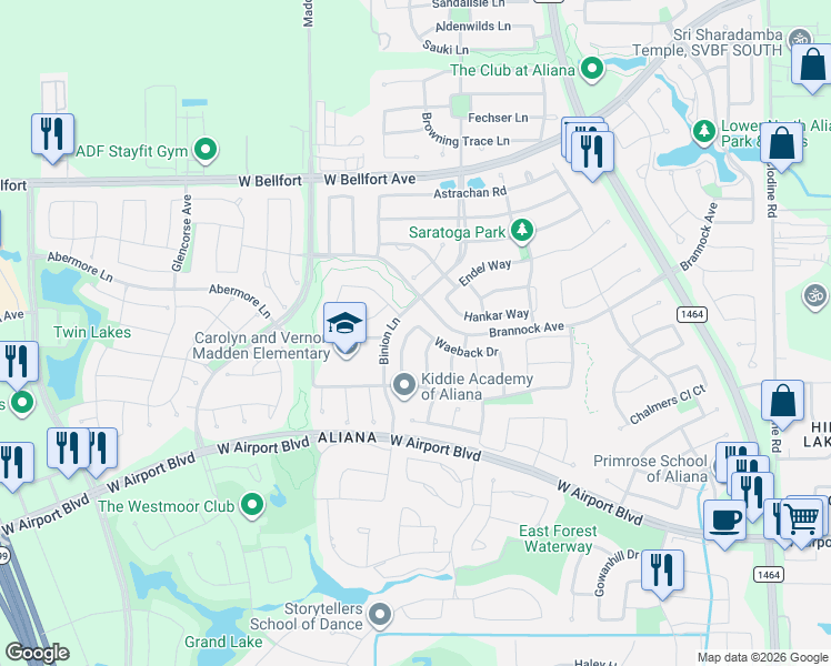 map of restaurants, bars, coffee shops, grocery stores, and more near 17519 Waeback Drive in Richmond