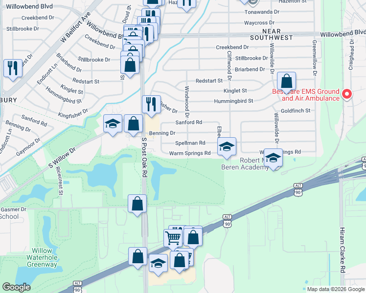 map of restaurants, bars, coffee shops, grocery stores, and more near 4749 Benning Drive in Houston
