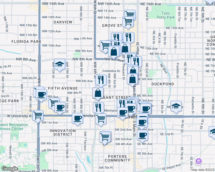 map of restaurants, bars, coffee shops, grocery stores, and more near 407 Northwest 6th Avenue in Gainesville