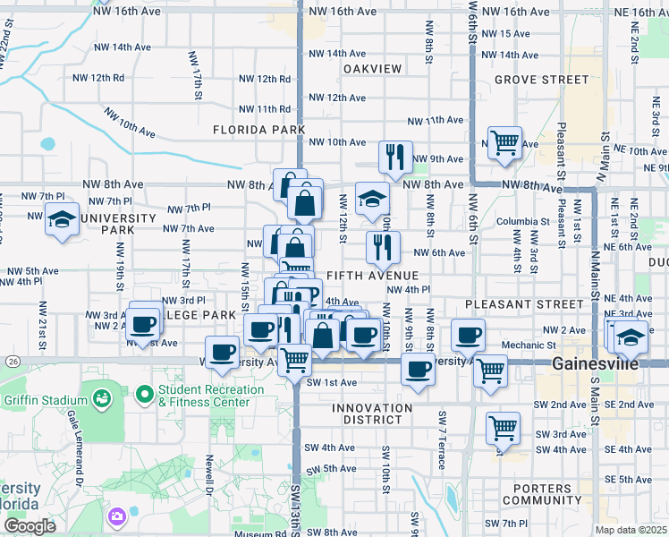 map of restaurants, bars, coffee shops, grocery stores, and more near 1019 Northwest 5th Avenue in Gainesville