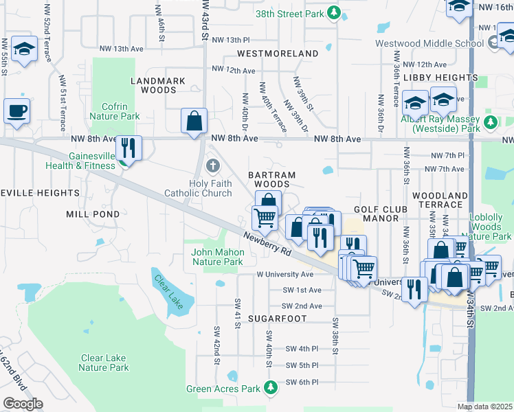 map of restaurants, bars, coffee shops, grocery stores, and more near 557 Northwest 39th Road in Gainesville