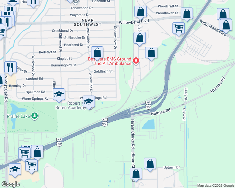 map of restaurants, bars, coffee shops, grocery stores, and more near 11211 Greenwillow Street in Houston