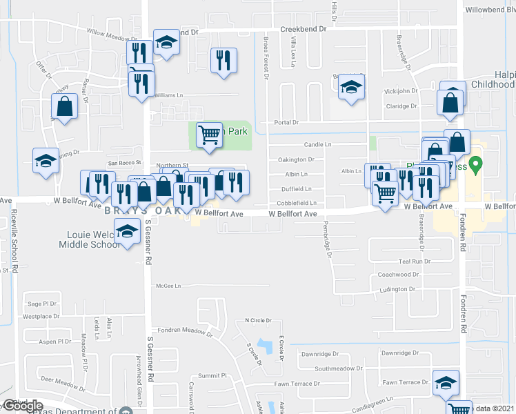 map of restaurants, bars, coffee shops, grocery stores, and more near 8224 West Bellfort Boulevard in Houston