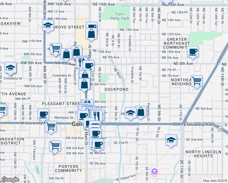map of restaurants, bars, coffee shops, grocery stores, and more near 414 Northeast 5th Avenue in Gainesville