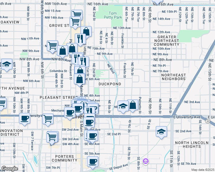 map of restaurants, bars, coffee shops, grocery stores, and more near 414 Northeast 5th Avenue in Gainesville