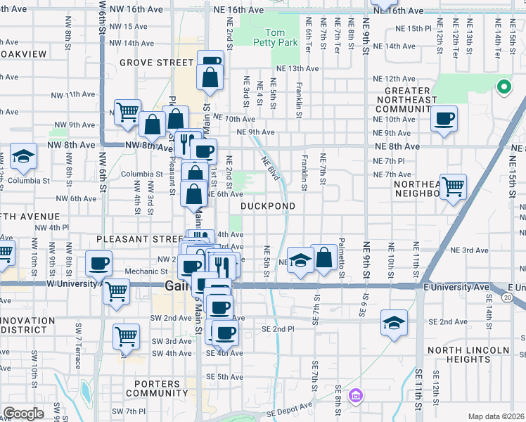 map of restaurants, bars, coffee shops, grocery stores, and more near 414 Northeast 5th Avenue in Gainesville