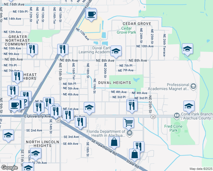map of restaurants, bars, coffee shops, grocery stores, and more near 505 Northeast 20th Street in Gainesville