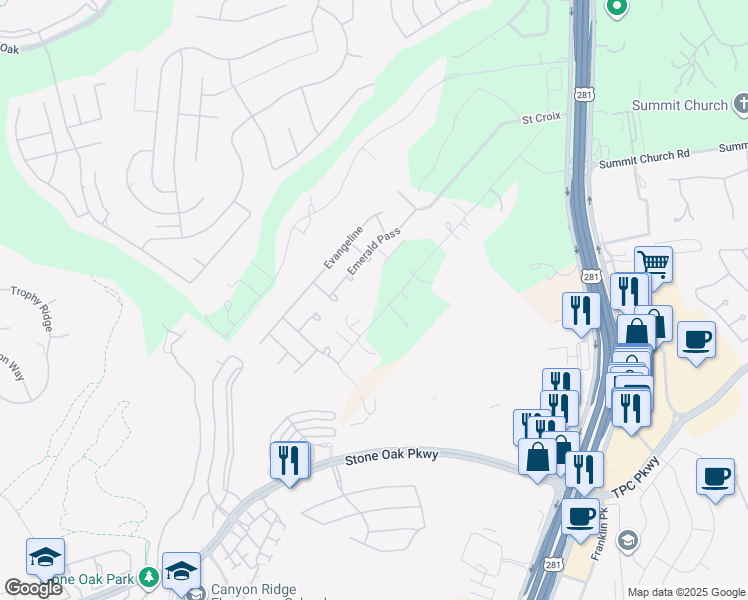 map of restaurants, bars, coffee shops, grocery stores, and more near 1918 Eagle Mountain in San Antonio