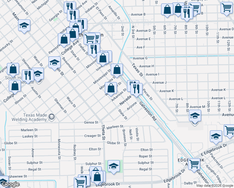 map of restaurants, bars, coffee shops, grocery stores, and more near 603 Arkansas Street in South Houston