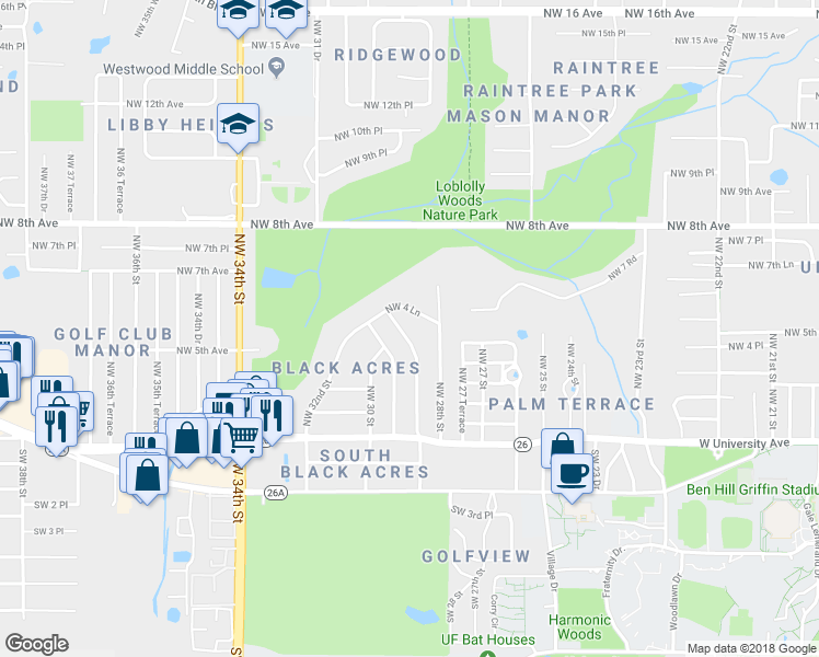 map of restaurants, bars, coffee shops, grocery stores, and more near 405 Northwest 28 Terrace in Gainesville