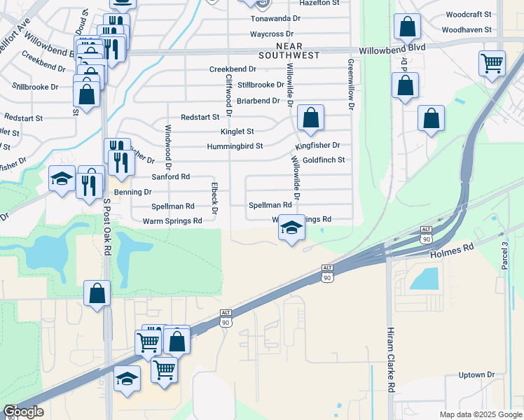 map of restaurants, bars, coffee shops, grocery stores, and more near 4534 Spellman Road in Houston