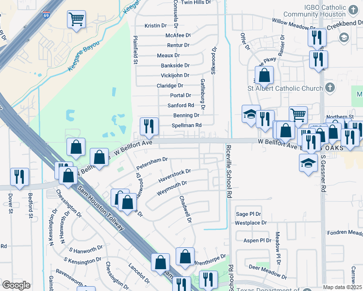 map of restaurants, bars, coffee shops, grocery stores, and more near 9250 West Bellfort Street in Houston