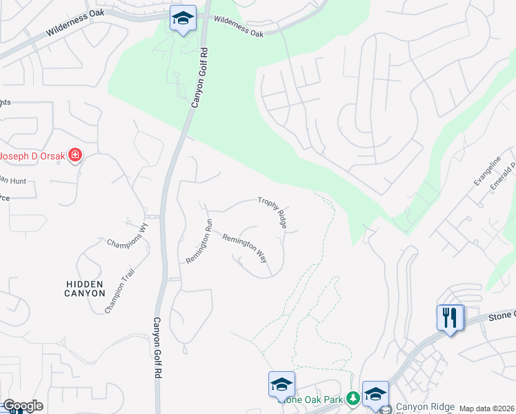 map of restaurants, bars, coffee shops, grocery stores, and more near 15 Trophy Ridge in San Antonio