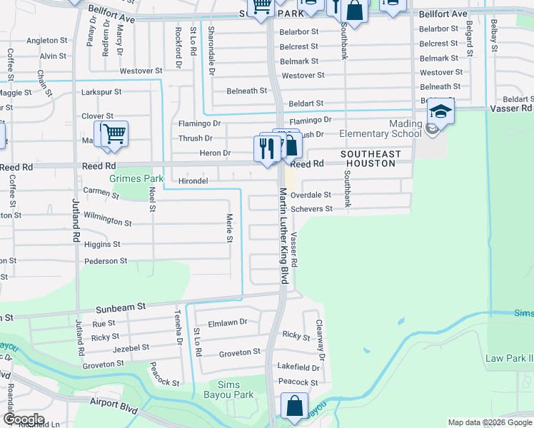 map of restaurants, bars, coffee shops, grocery stores, and more near 5635 Schevers Street in Houston