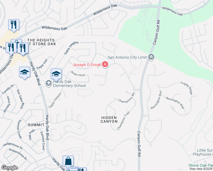 map of restaurants, bars, coffee shops, grocery stores, and more near 78 Champion Cliff in San Antonio