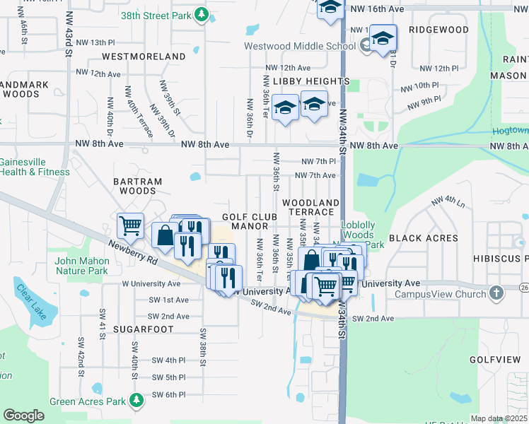 map of restaurants, bars, coffee shops, grocery stores, and more near 600 Northwest 36th Street in Gainesville