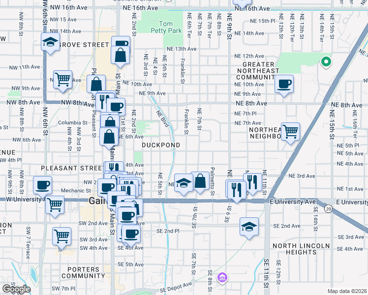 map of restaurants, bars, coffee shops, grocery stores, and more near 521 Northeast 6th Street in Gainesville