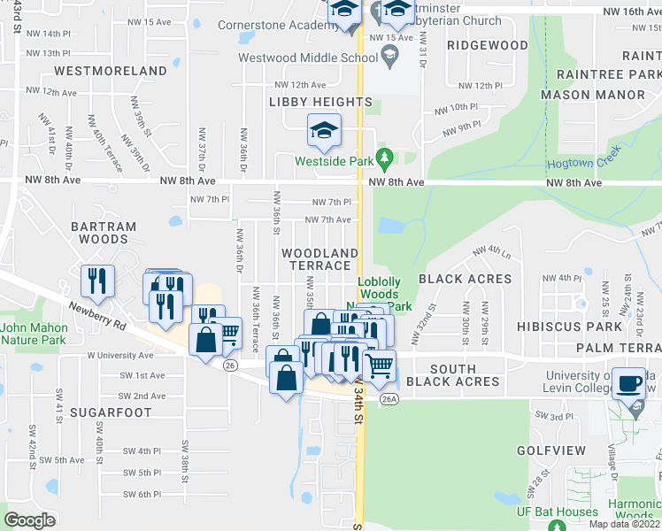 map of restaurants, bars, coffee shops, grocery stores, and more near 527 Northwest 34th Drive in Gainesville