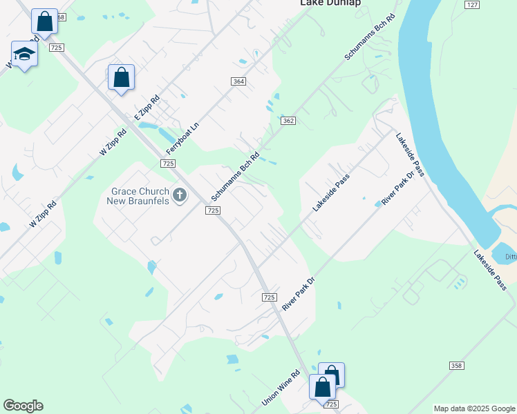 map of restaurants, bars, coffee shops, grocery stores, and more near 150 Schumans Beach Road in New Braunfels