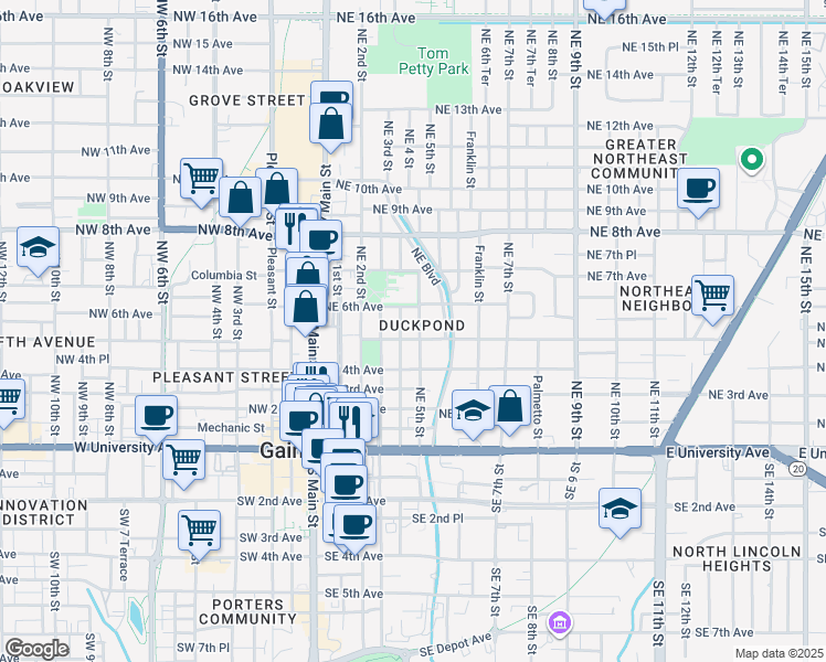map of restaurants, bars, coffee shops, grocery stores, and more near 403 Northeast 6 Avenue in Gainesville
