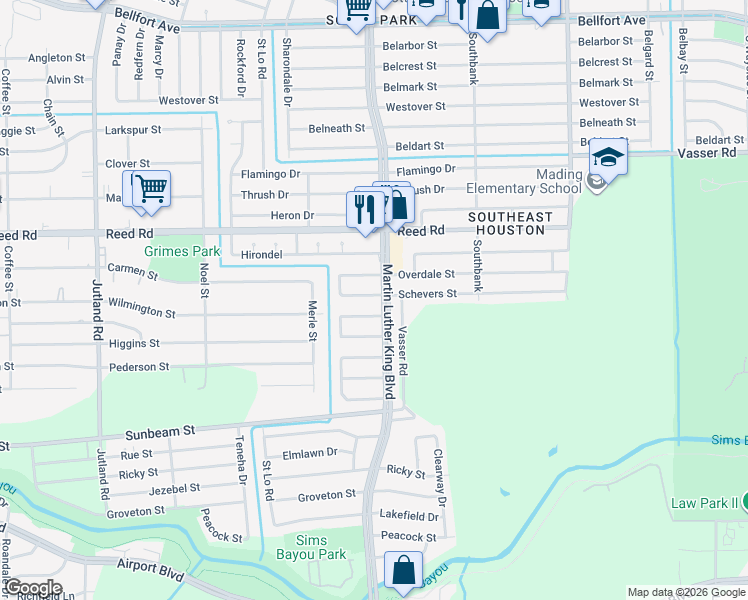 map of restaurants, bars, coffee shops, grocery stores, and more near 5635 Schevers Street in Houston