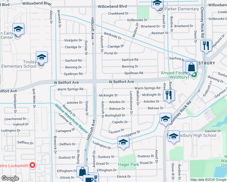 map of restaurants, bars, coffee shops, grocery stores, and more near 5806 Warm Springs Road in Houston