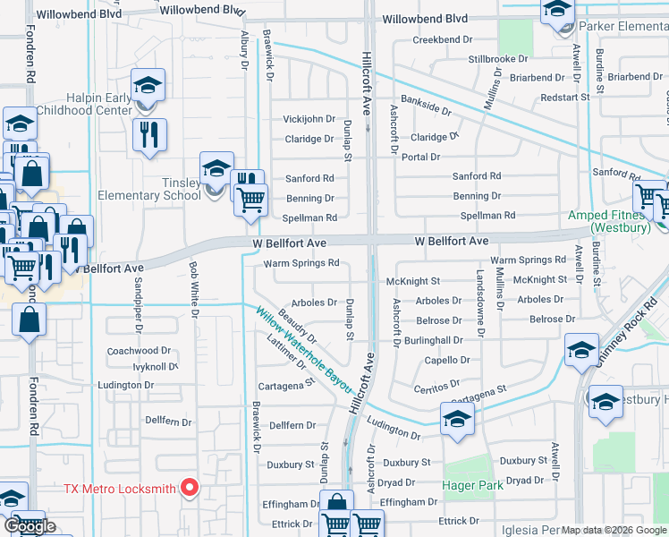 map of restaurants, bars, coffee shops, grocery stores, and more near 5922 Warm Springs Road in Houston