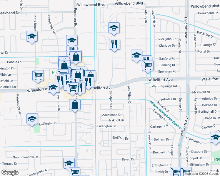 map of restaurants, bars, coffee shops, grocery stores, and more near 1004 Sandpiper Drive in Houston