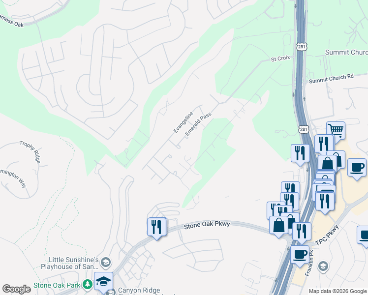 map of restaurants, bars, coffee shops, grocery stores, and more near 1918 Eagle Mountain in San Antonio