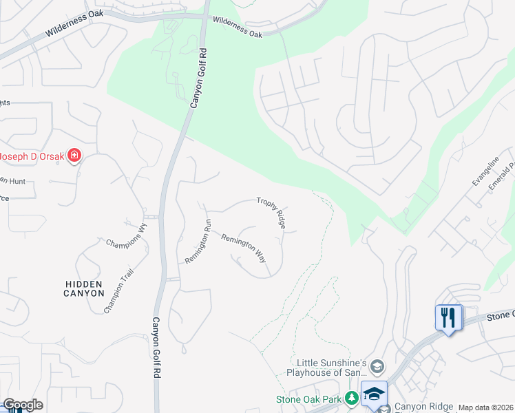 map of restaurants, bars, coffee shops, grocery stores, and more near 15 Trophy Ridge in San Antonio