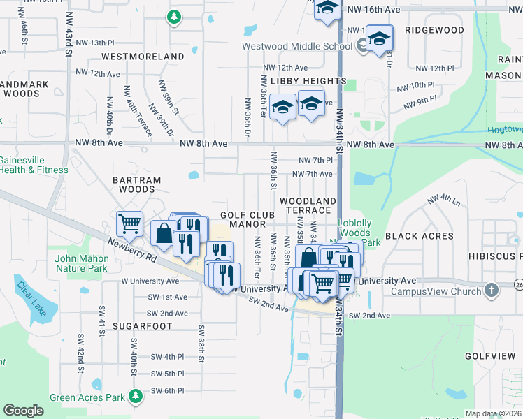 map of restaurants, bars, coffee shops, grocery stores, and more near 600 Northwest 36th Street in Gainesville
