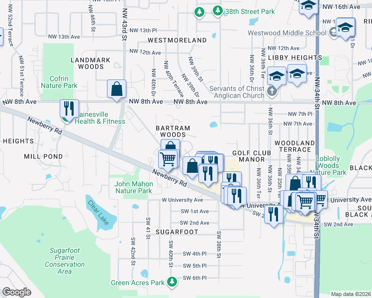map of restaurants, bars, coffee shops, grocery stores, and more near 507 Northwest 39th Road in Gainesville