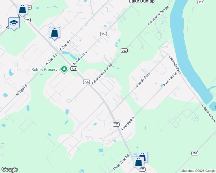 map of restaurants, bars, coffee shops, grocery stores, and more near 133 Schumans Beach Road in New Braunfels